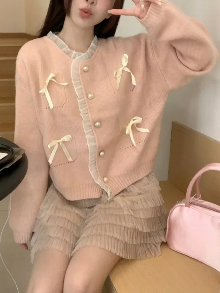 Корейский кружевной лоскутный укороченный кардиган Y2K модные свитера женский