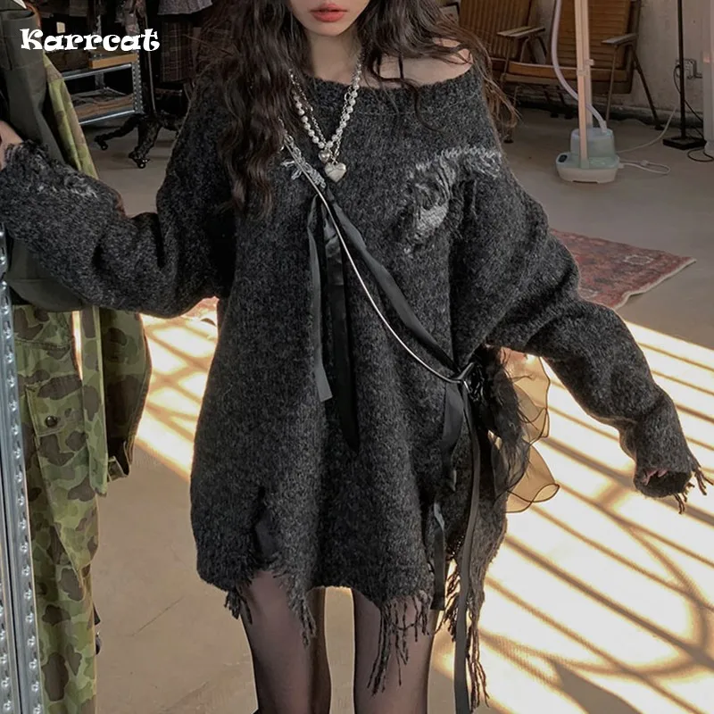

Karrcat Dark Academia Sweater Gothic Black Hole Pullover Women Grunge Clothes Winter Emo Hippie Streetwear Irregular Jumpers 90s
