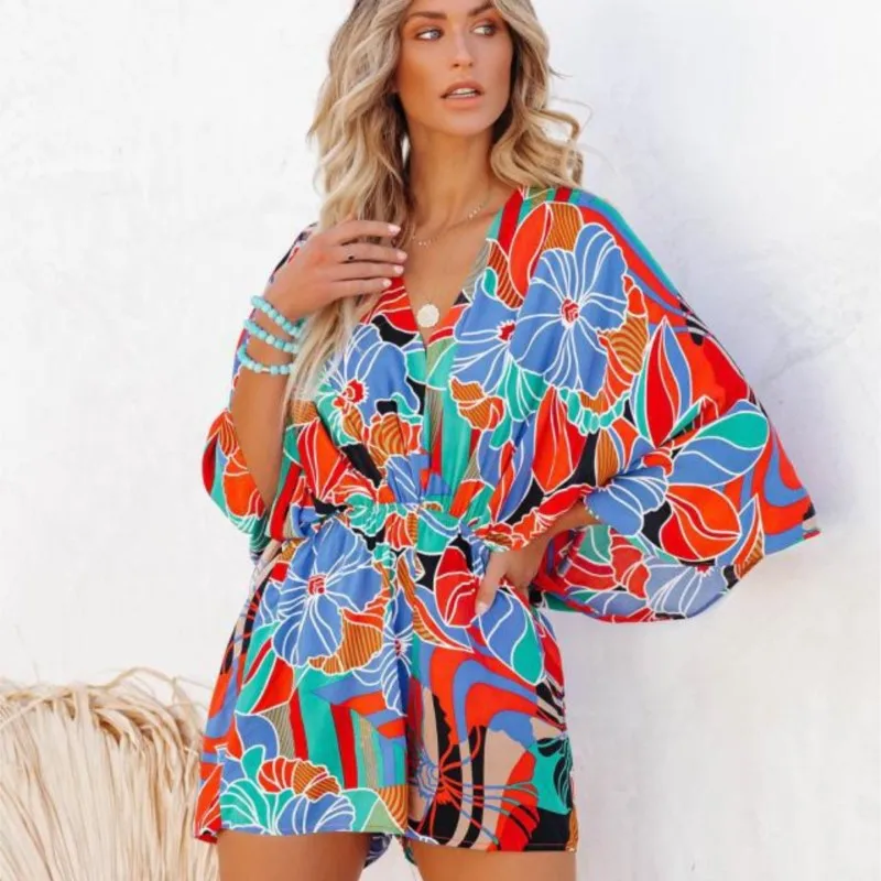 

Casual Jumpsuit For Women Office 2023 Summer Fashion Tie Dye Print Batwing Sleeve V-Neck Half Sleeve Daily Romper Y2K Streetwear