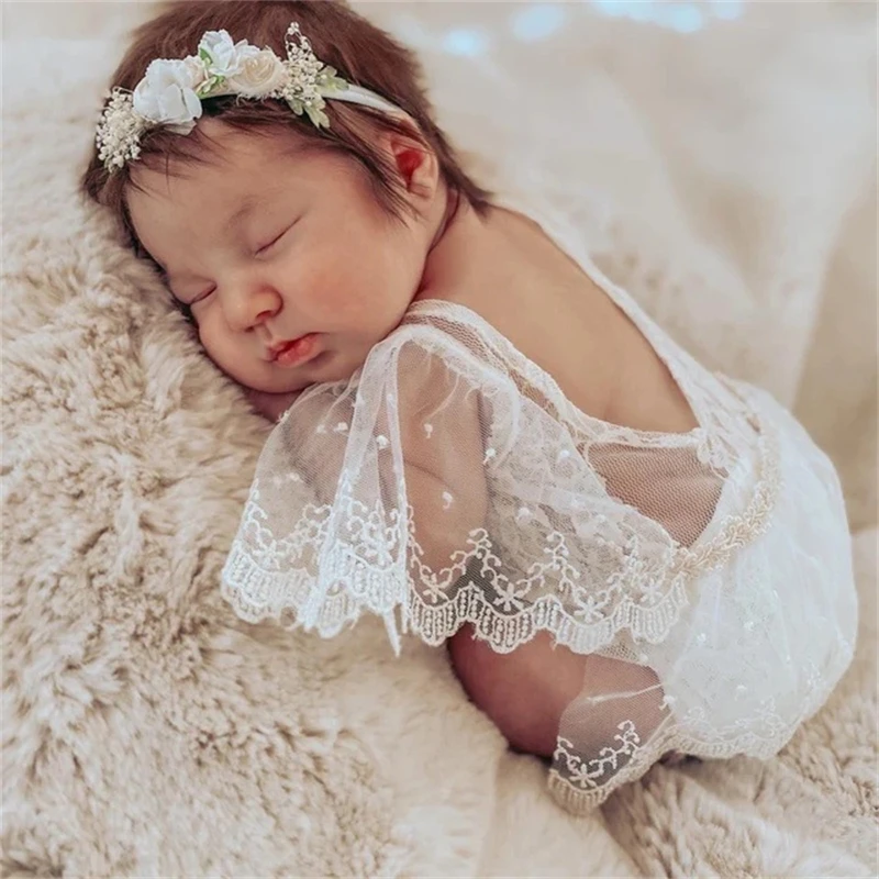 

2 Pcs Newborn Photography Props Outfits Baby Lace Romper Headband Set Infants Photo Shooting Bodysuit Jumpsuit Hair Band