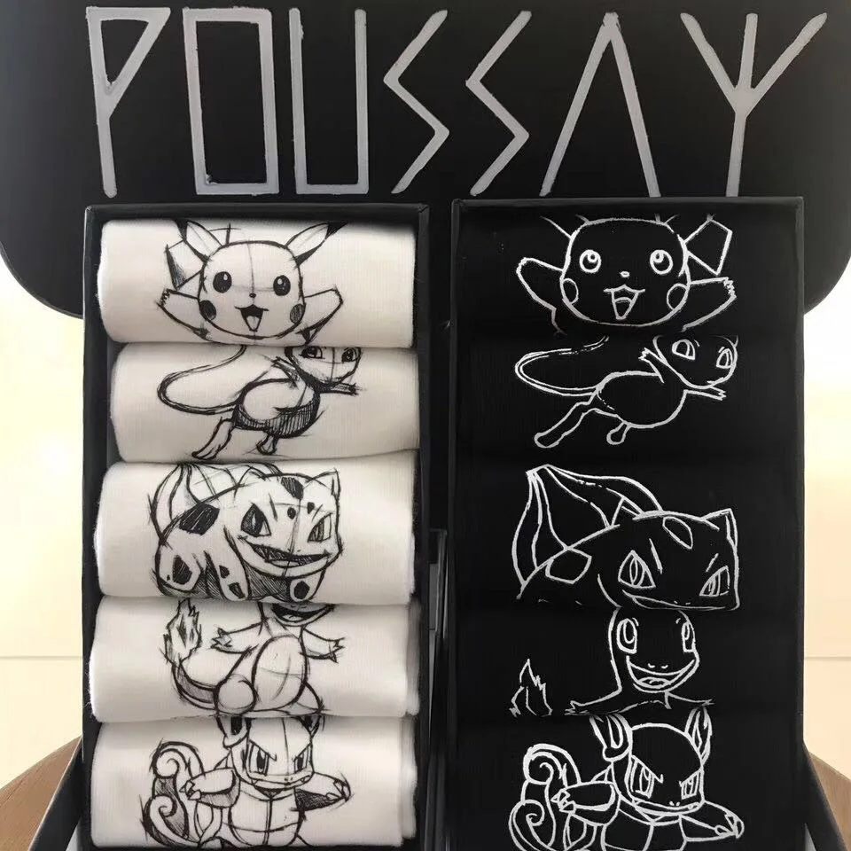 Calcetines de algodón con estampado de figuras de Pokémon, medias náuticas en blanco y negro de Mew, Pikachu, Charmander, Bulbasaur, Wartortle, regalos de cumpleaños, 1 unidad = 5 pares