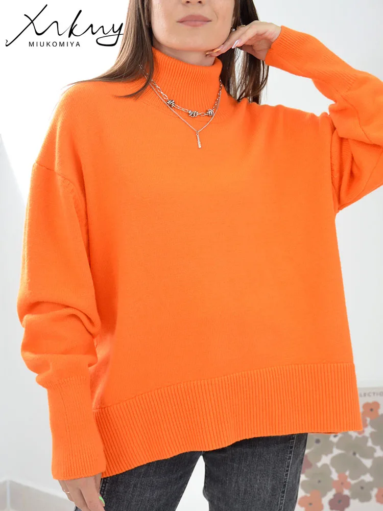 Синий плотный зимний женский свитер с высоким воротником пуловеры оверсайз