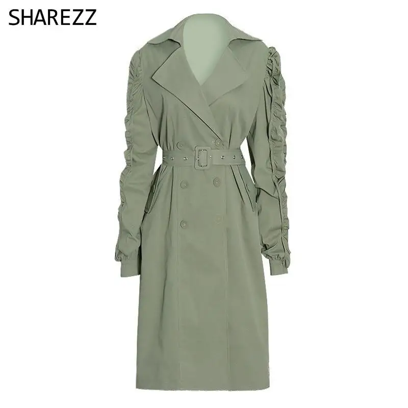 

2022 Spring New Style Fungus Edge Design Coat Ruffle Edge Double Breasted Waist Extension Knee Length Windbreaker Women's