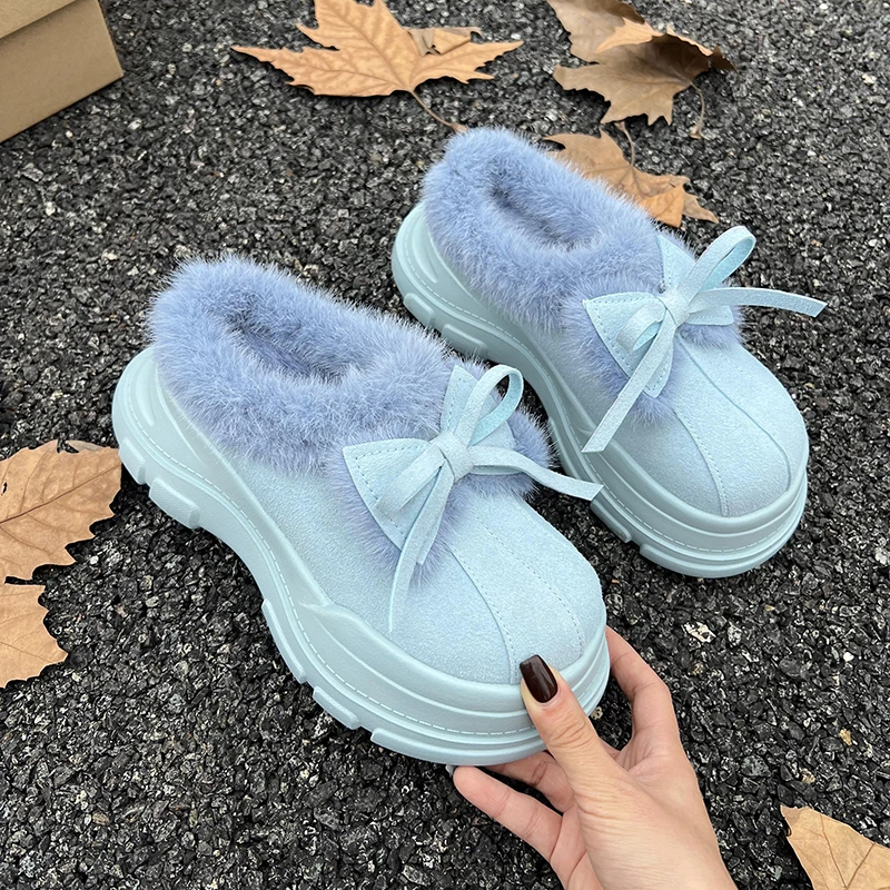 Женские зимние ботильоны на меху с бантом хлопковые тапочки платформе и плоской