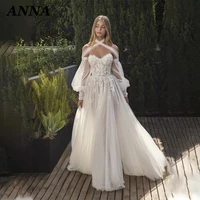anna beauty wedding dress 2022 elegant halter delicate appliques puff sleeve a line bridal gown vestido de noiva custom made