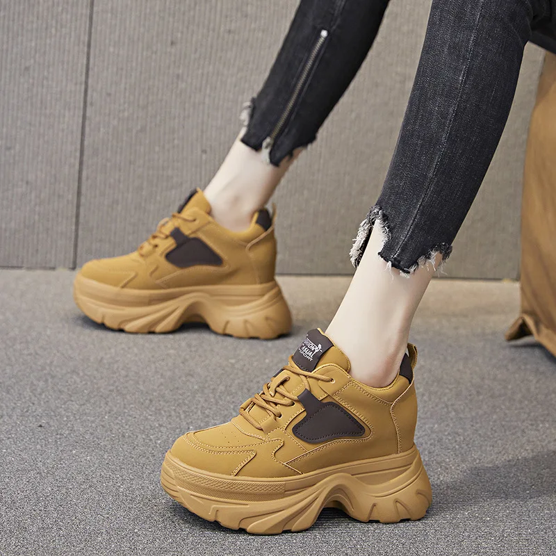 Autuspin 8cm Hidden Heel Women Sneakers Fashion Ladies Platform Genuine Leather Sports Vulcanized Shoes Female Keep Warm Sneaker