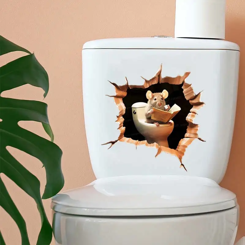 Забавная Наклейка на стену в ванную комнату мышь книга для чтения туалете