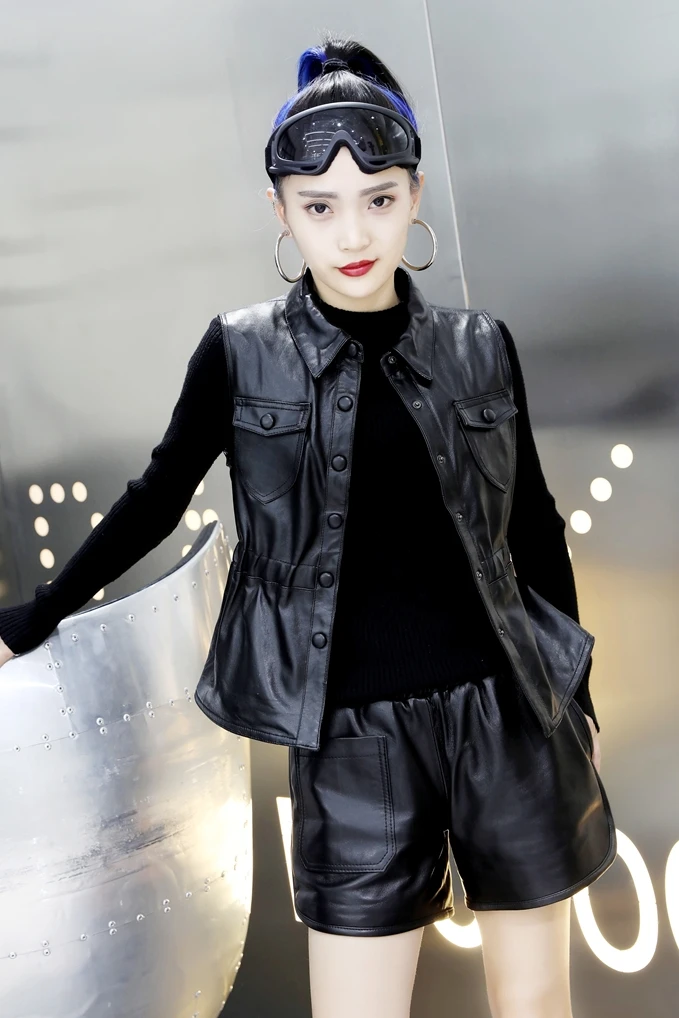 Leather Waistcoat Women's Spring Autumn Lapel Short Sheepskin Tops Genuine Leather Slim Sleeveless Vest Women's Short Outer Wear