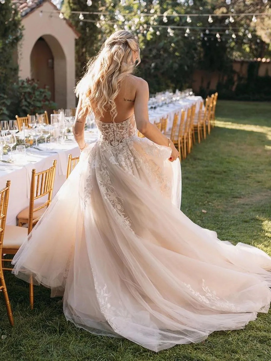 

Elegant Floral Lace Appliques Wedding Dress Vintage Sweetheart Sleeveless Tulle Bridal Gowns A-Line Sweep Train Vestido De Novia