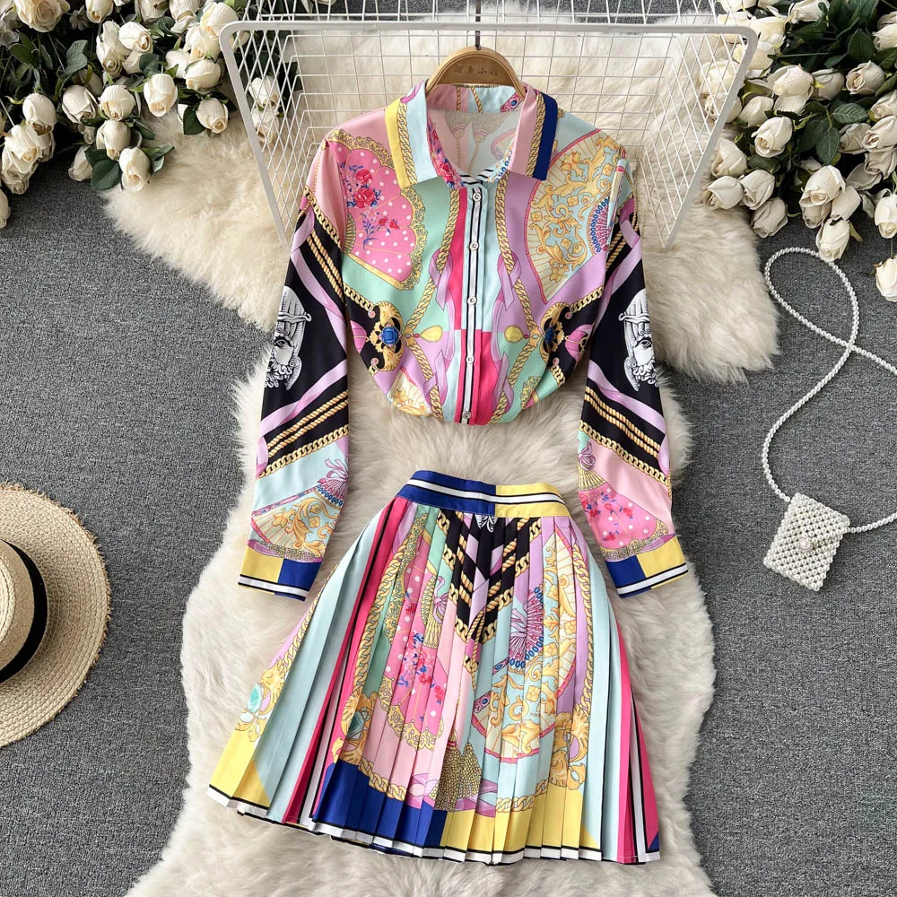 

Костюм с принтом 2022, Женская универсальная рубашка с длинным рукавом, плиссированная короткая юбка с высокой талией, комплект из двух предм...