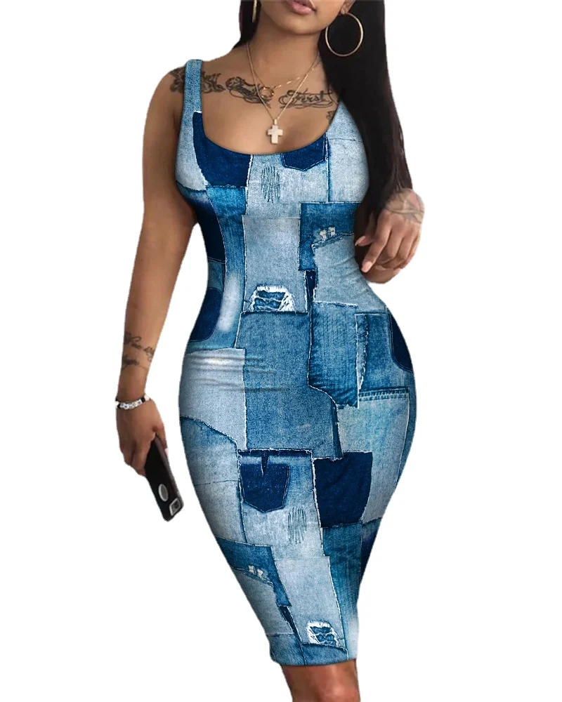 

Мини-платье женское джинсовое с принтом, пикантный облегающий пляжный сарафан без рукавов, с U-образным вырезом, винтажная одежда, праздничн...