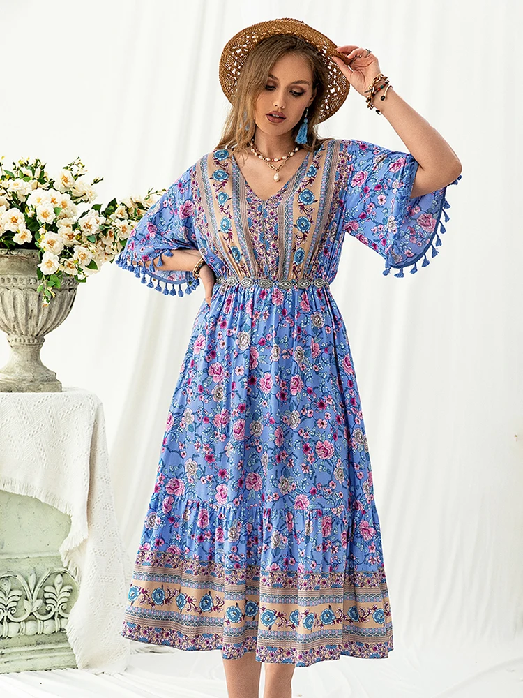 

Jastie/Новое богемное ретро платье с кисточками и принтом, модное повседневное Свободное длинное платье большого размера, женское сексуальное...