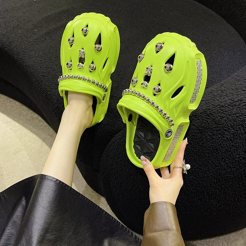 Women's Fashion Outwear Slippers Summer Thick Sole Rhinestone Baotou High Quality Girls' Sandals Women's Sexy Flat Shoes