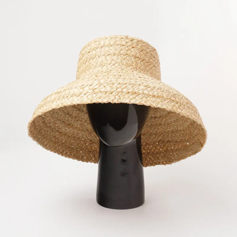 

Vintage Flat Top Dropped brim Handwoven Lafite Grass Top Hat for Women Outdoor Sunshade and Sunscreen Beach Straw Hat