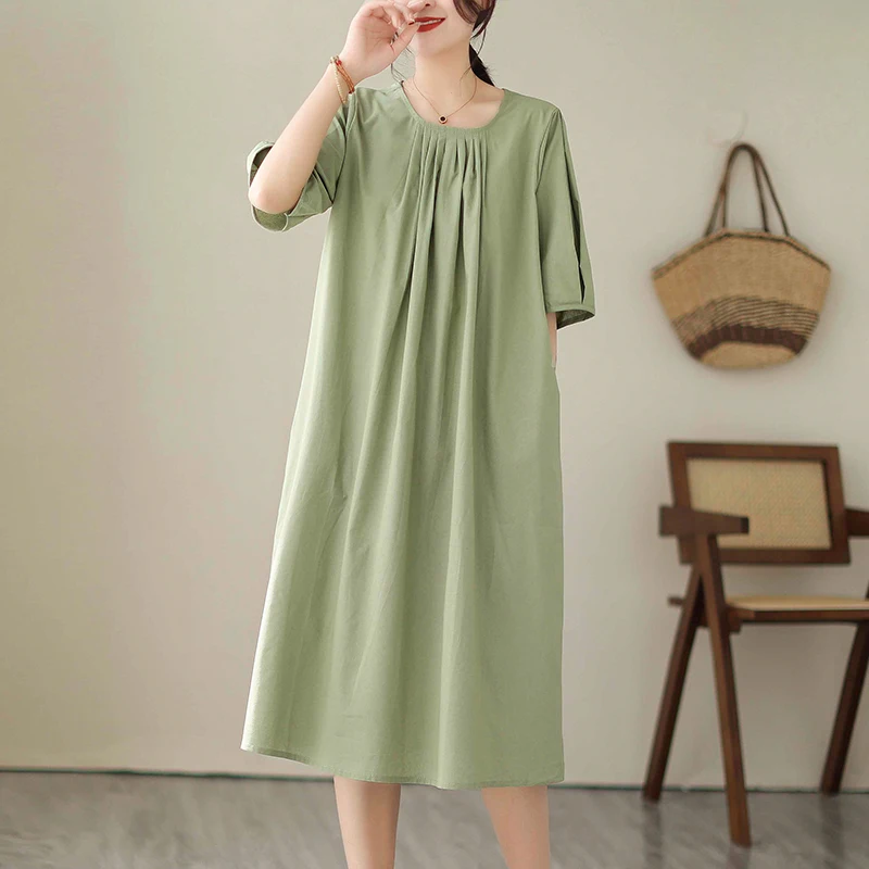 

2023 Oversize Summer Fashion Elegant Solid Color Short Sleeve Cotton Linen Dress Women Casual Dresses Vintage Loose Clothing