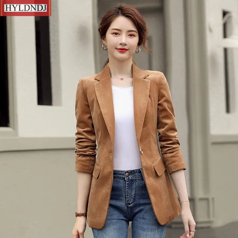 2023Spring Autumn New Women's Long-Sleeved Casual Small Suit Formal Wear Jacket Fashion Slim Slimming Solid Color Corduroy Jacke