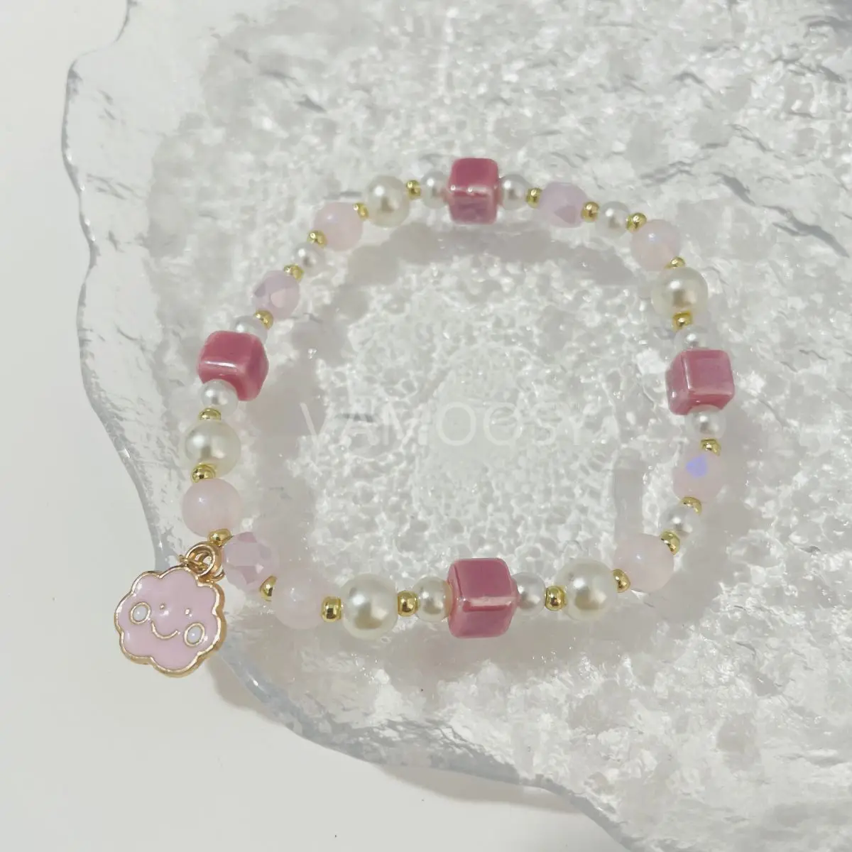 

Vintage Pink Crystal Glaze Pearl Charm Beads Bracelets for Woman Korean Fashion Jewelry Girl's Cute Sweet Bangle Pulseras Mujer