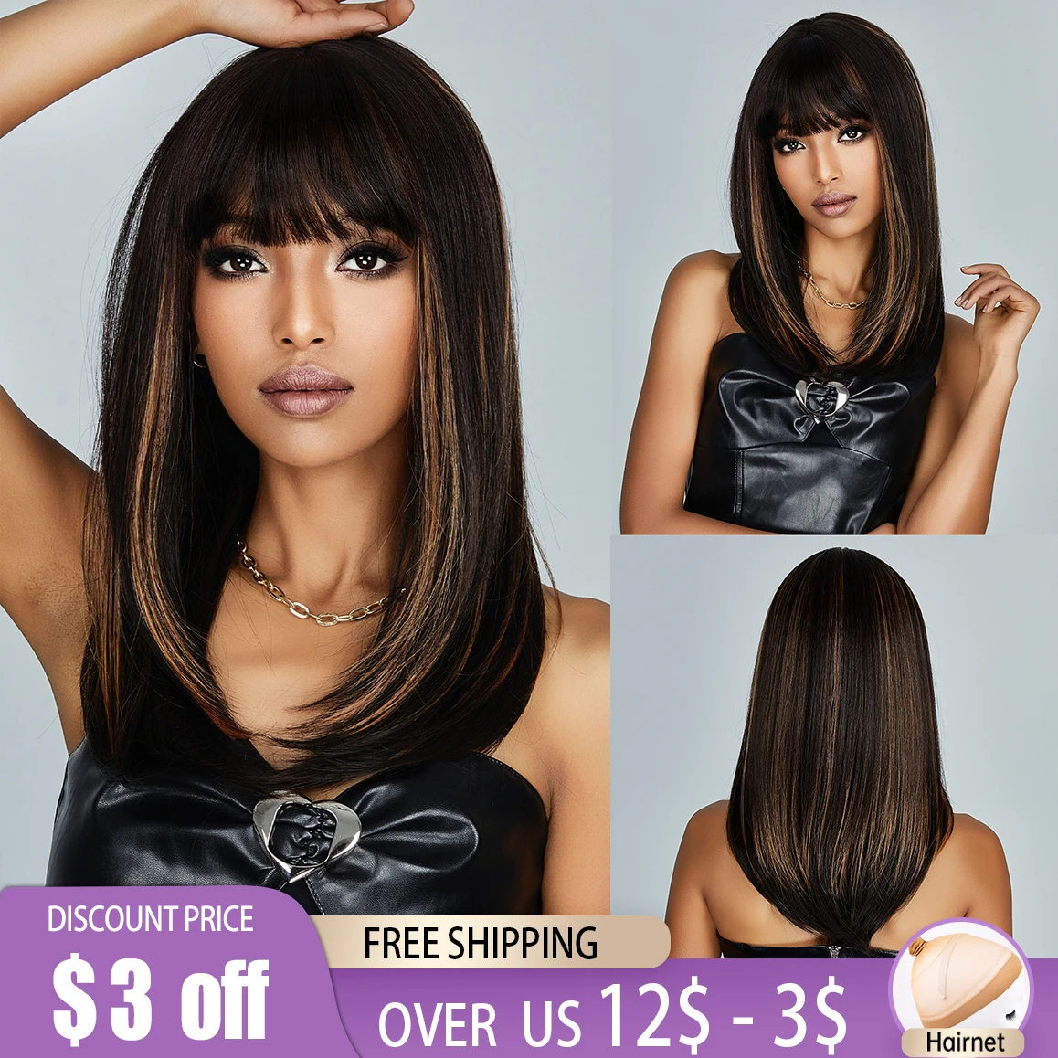 

Black Highlights Brown Synthetic Wigs Medium Length Straight Hairs Wig with Bangs for Women Natural Daily Cosplay Heat Resistant
