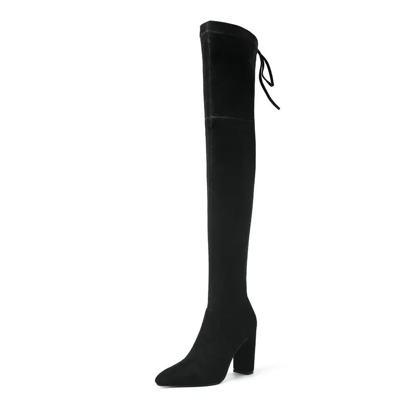 Замша нубук кожа блочный высокий каблук сексуальные женские выше колена носки