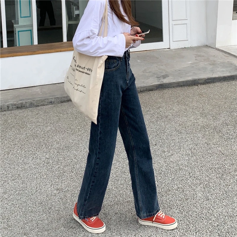 

N0585 Retro straight jeans women's high waist wide leg pants loose dark jeans