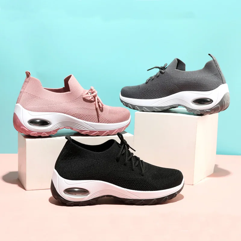 

Ladies Casual Shoes Sneakers Net Solid Color Round Shape Air Cushion Lace Breathable Increase Women Flats