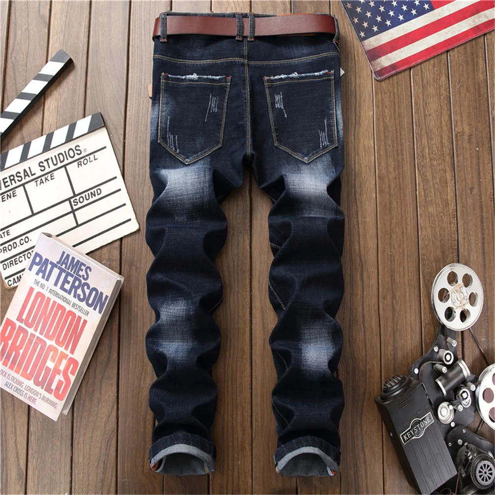 Quick Delivery Of Men's Jeans Casual Straight Tube European And American Classic Torn Patch Fashion Cotton Denim Pants