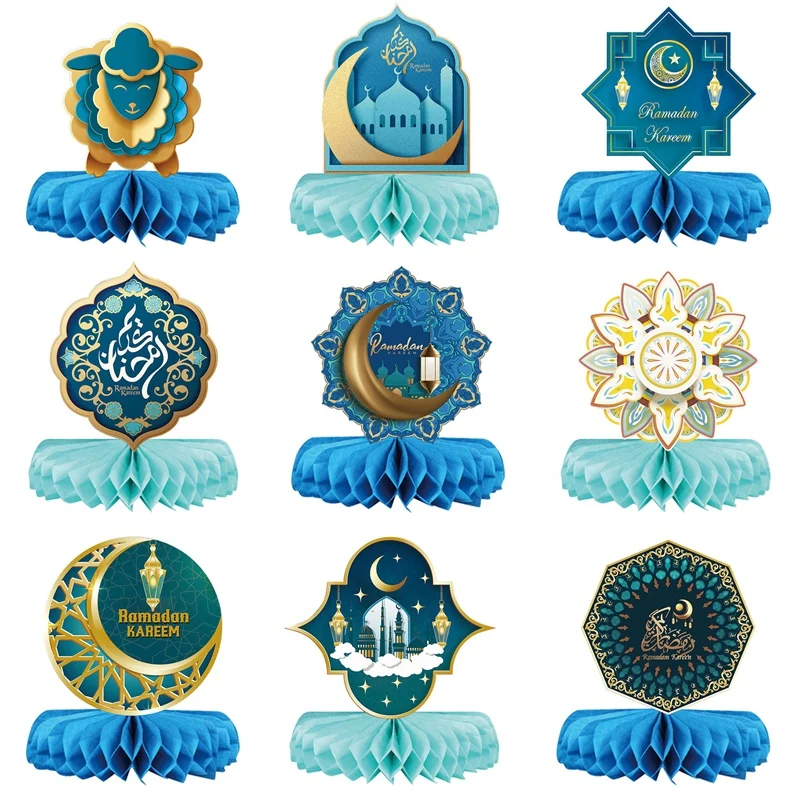 

9Pcs Eid Ramadan Decoration Desktop Paper Fan Honeycomb Ball Moon Star Decoration For Ramadan Party Supplies