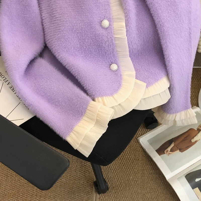 Новое поступление весны и осени 202 короткий вязаный кардиган с оборками женский