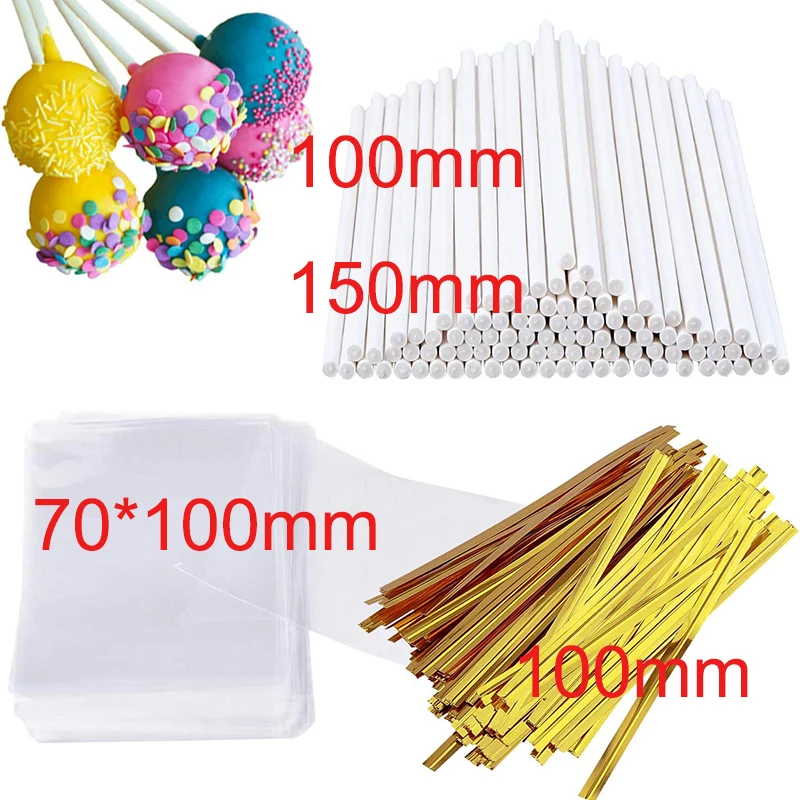 Cake Pop Lollipop Sticks Wrappers Kit Chocolate Cookies Bag Twist Ties For Hard Candy Lollypop Paste Tool Kitchen Accessories