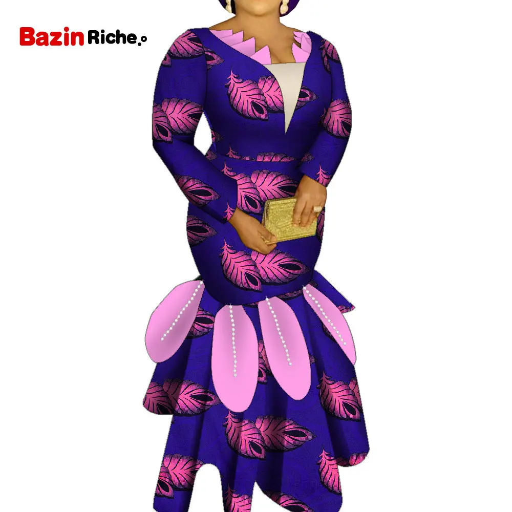 

African Wedding Evening Dress Woman Big Size Elegant with Petals and Pearls Decoration 2021 Dashiki Party Clothing WY9169