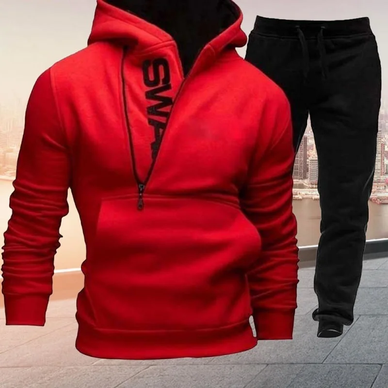 

Men's Sweatshirt Suit Autumn Winter Letter Printed Zipper Pockets Hoodie+Drawstring Sweatpants Fashion Pullover Male 2 Pcs Set