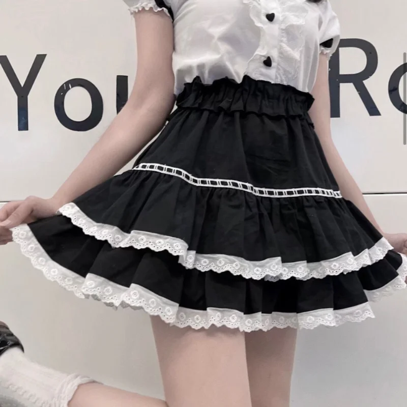 

Юбка женская кружевная составного кроя, Милая Черная юбка выше колена в японском стиле, с оборками, с завышенной талией, в стиле Харадзюку, Y2k, на лето