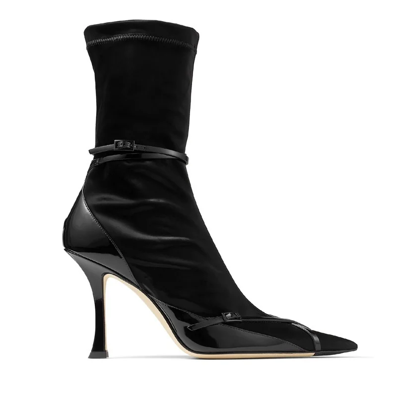 New Sexy Belt Buckle Elastic Ankle Boots Thin High-heeled Pointed Toe Color Fashion High-heeled Shoes Women's Shoes Large Size43