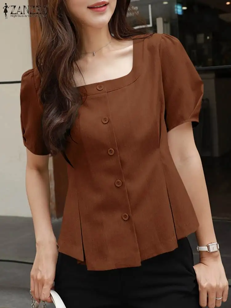 

Женские топы ZANZEA в Корейском стиле, модная короткая женская блузка с элегантной талией, плиссированная туника с квадратным воротником и тонкими пуговицами