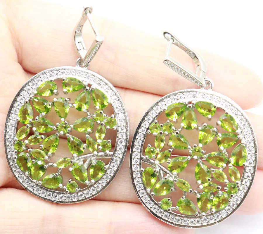 55x33 мм супер большой европейский дизайн Зеленый Перидот Розовый турмалин Белый CZ подарок для девочек серебряные серьги-кольца
