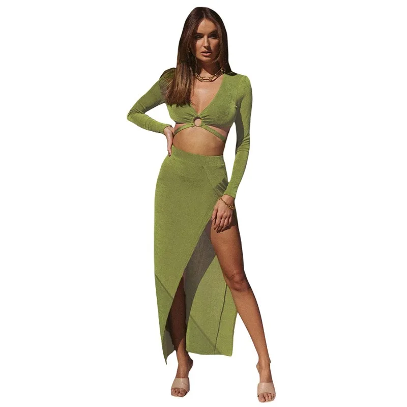 

2021 Autumn and Winter New Women's Long-sleeved V-neck T-shirt Fashion High-waisted Leg-length Skirt Casual Suit Skirt Suit
