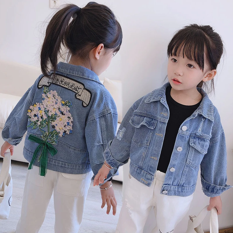

2023 New Spring Denim Girls Coat Cartoon Flower Bow Fashion Coat For Kids Children Outdoor Outerwear