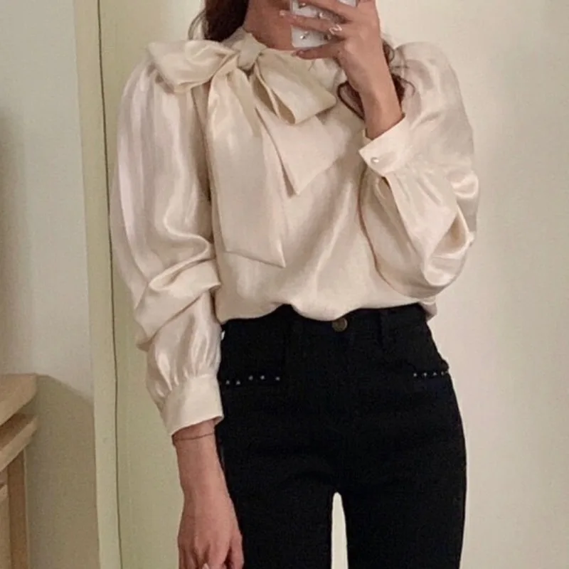 Винтажные женские рубашки Matakawa с бантом однотонные весенние и осенние офисные