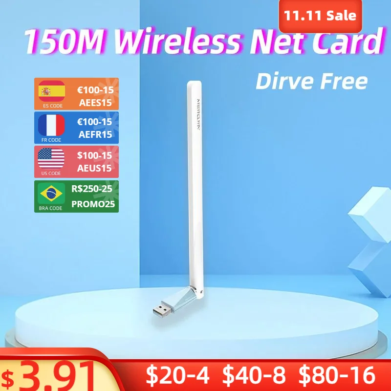 

Drive Free USB 150M Wireless Network Card Enhanced Networking Cards Portable WIFI Computer Laptop PC Adapter Plug and Play