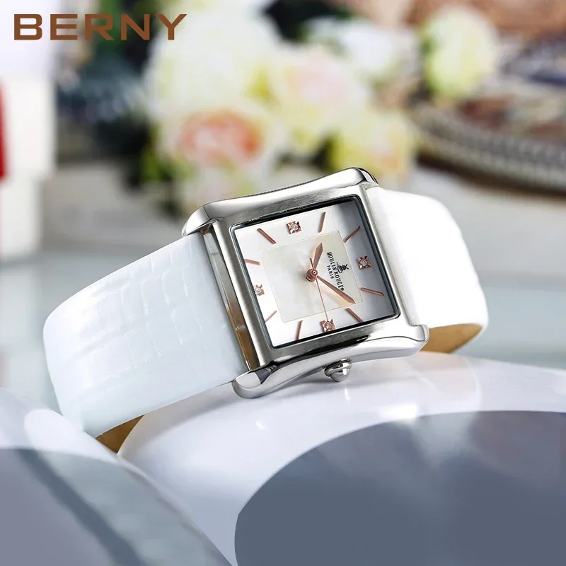 Фото BERNY квадратный женский кварцевый ремешок из натуральной кожи, женские наручные часы, водостойкий циферблат с драгоценными камнями, узор в виде ракушки №3