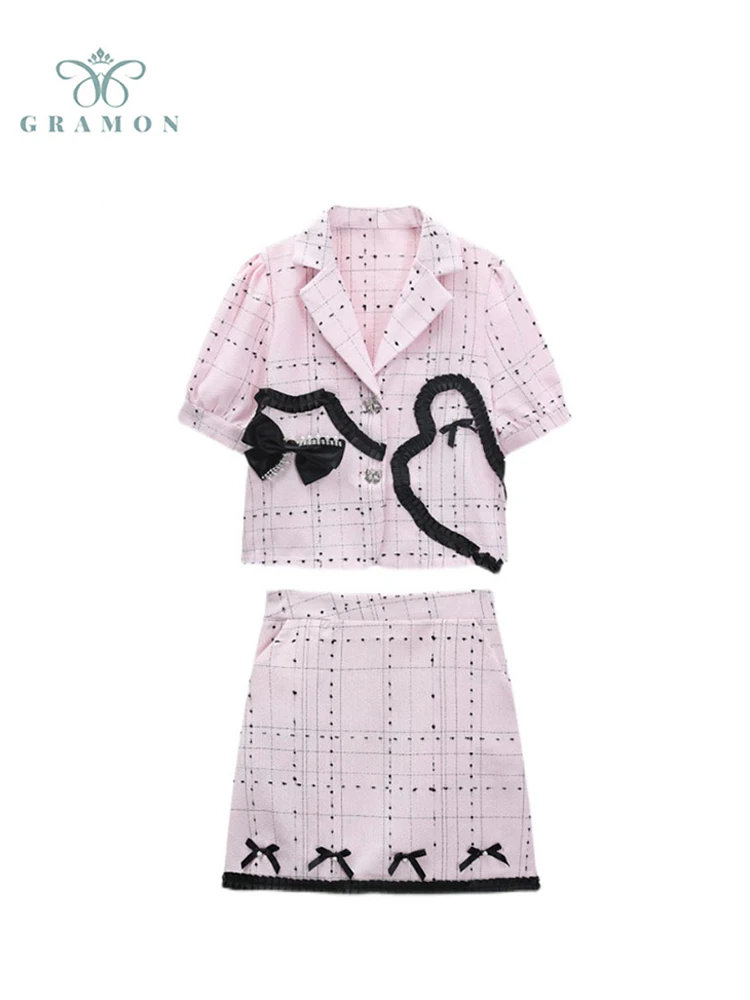 

Vintage Women Plaid Shirt A Line Skirt Two-piece Set 2022 Summer Korean Casual Elegant Patchwork Fashion Ladies Office Clothes