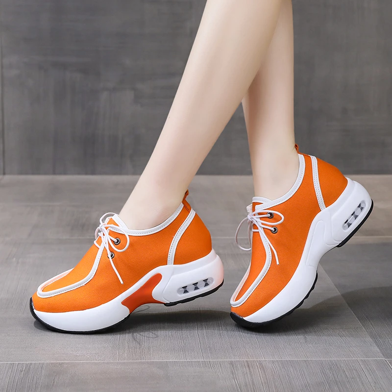 

2022 New Women Autumn Platform Orange Sneakers Canvas Lace Up Casual Shoes Woman Breathable Height Increasing Vulcanized Shoes