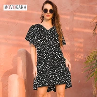movokaka women summer holiday black mini dress beach casual party dot printed ruffles vestidos flare sleeve slim vintage dresses