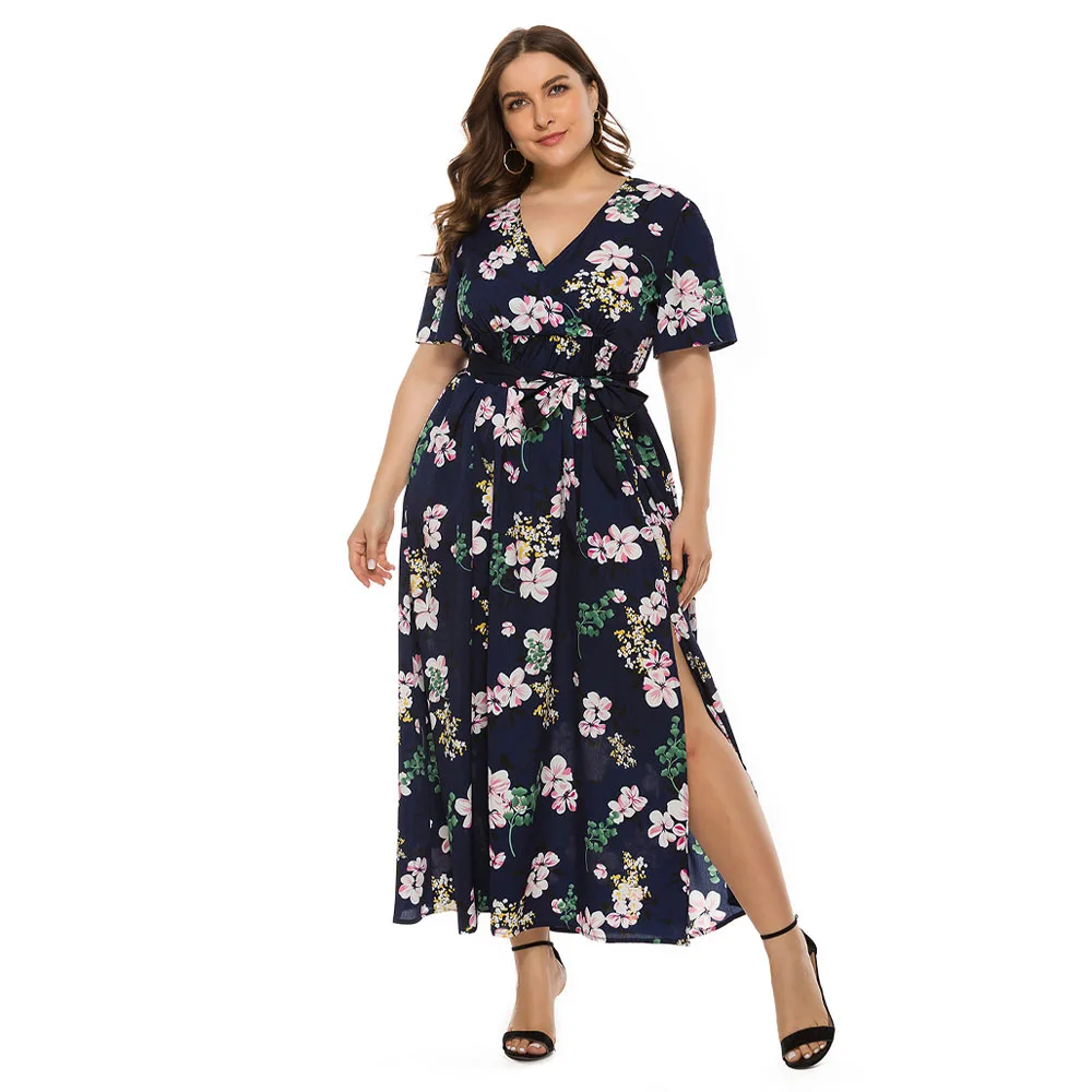 

Plus Size Boho Lace Up Split Maxi Dress Women Floral Printed Short Sleeve V-neck Summer Dresses