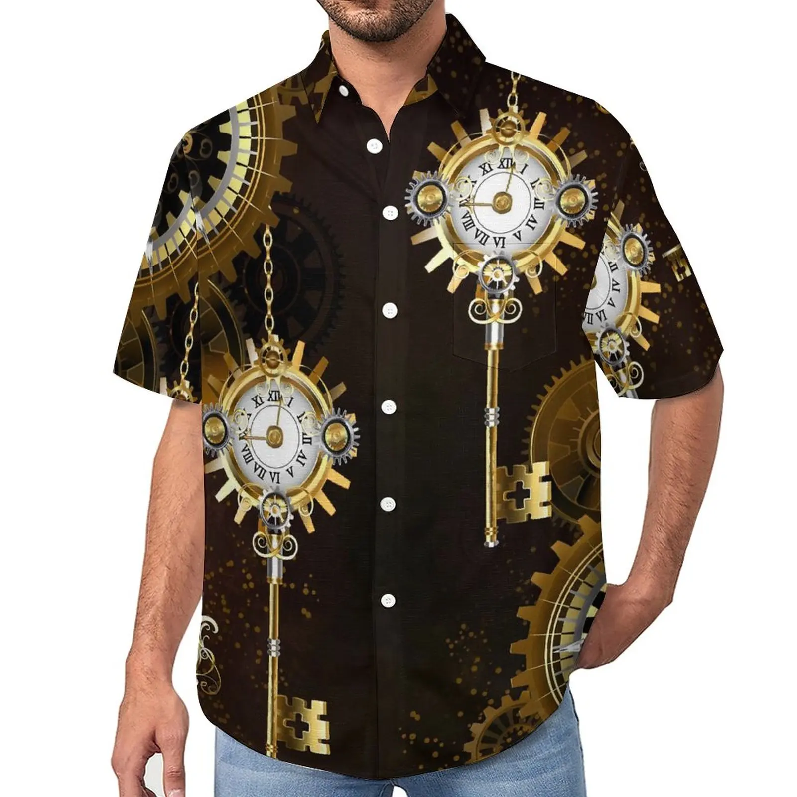 

Steampunk Rusty Casual Shirt Watch Print Beach Loose Shirt Hawaiian Vintage Blouses Short Sleeve Pattern Oversized Clothes