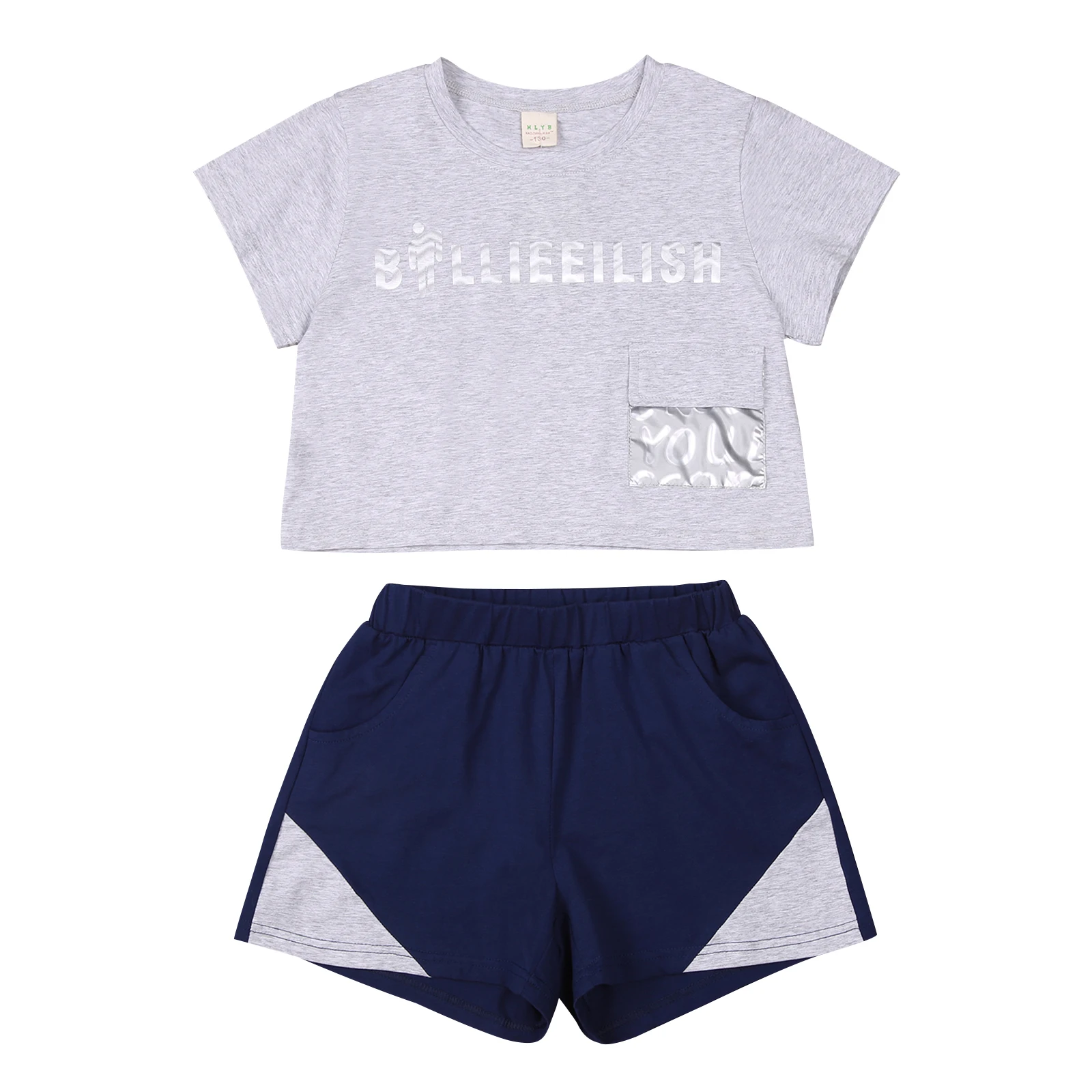 

2 Pieces Kids Suit Set, Floral Print Round Collar Short Sleeve T-Shirt+ Short Pants for Summer, Gray/Green/White/Pink/Blue