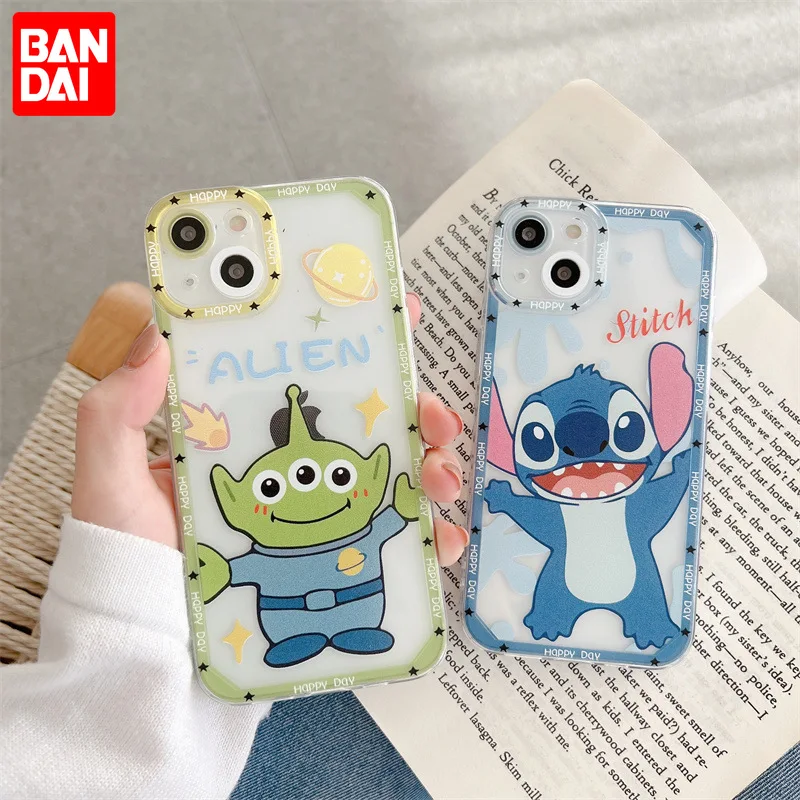 

Bandai Brand Funny Alien and Stitch Angel Eyes Couple Clear TPU Phone Case For iPhone XR XsMax 8Plus 11 12 13 13 Pro Max Cover