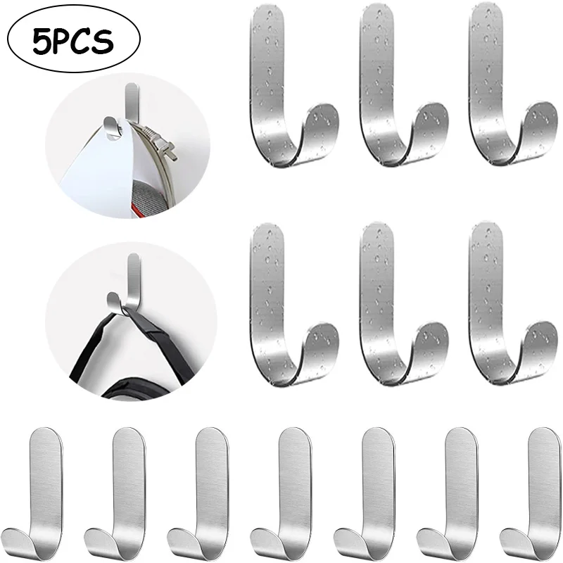 5PCS Self Adhesive Hooks Heavy Duty Stainless Steel Wall Hooks Waterproof Sticky Hooks For Hanging Bathroom Towels Keys Coat Bag