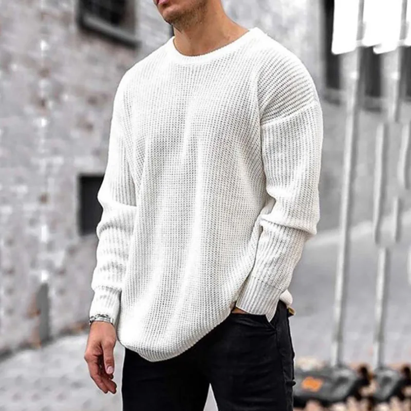 New Fashion Men's Casual Black and White Casual Loose Men's Sweater Long Sleeve Basic Knitted Sweater Pullover Male Round Collar