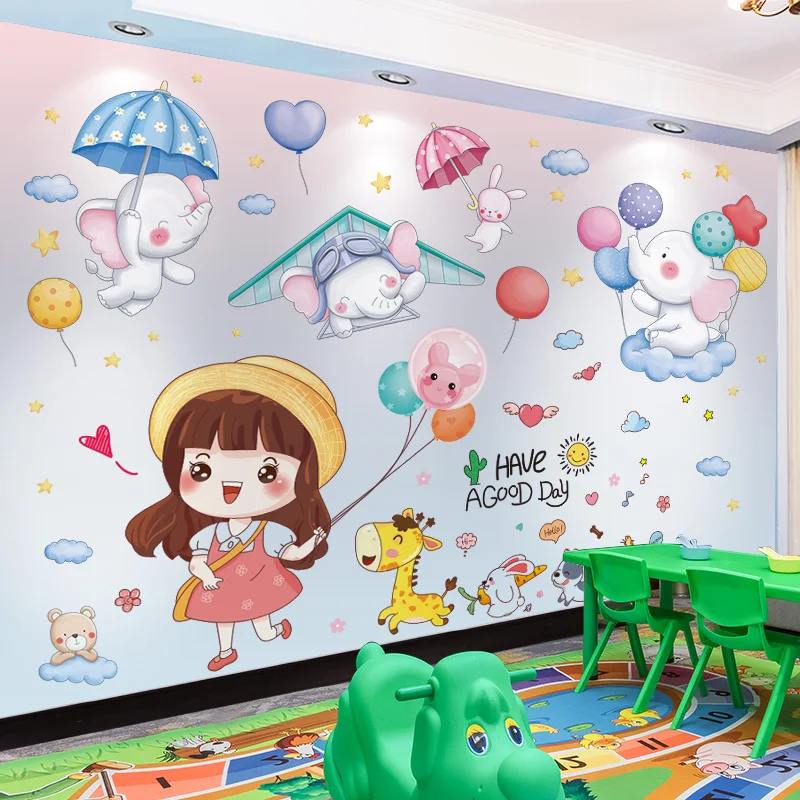 

Elephants Animals Wall Stickers DIY Cartoon Girl Balloons Mural Decals for Kids Rooms Baby Bedroom Nursery Home Decoration